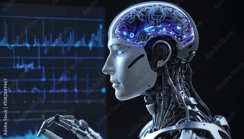 A sleek humanoid robot interacts with digital screens in a high-tech control room, featuring holographic maps and data analytics. Its blue eyes and neural accents highlight advanced AI capabilities A sleek humanoid robot interacts with digital screens in a high-tech control room, featuring holographic maps and data analytics. Its blue eyes and neural accents highlight advanced AI capabilities