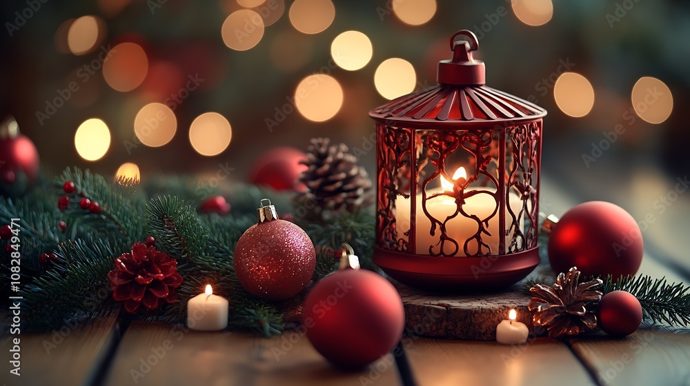 Elegant Red Lantern and Christmas Decor Creating Festive Holiday Ambiance : Generative AI Elegant Red Lantern and Christmas Decor Creating Festive Holiday Ambiance : Generative AI