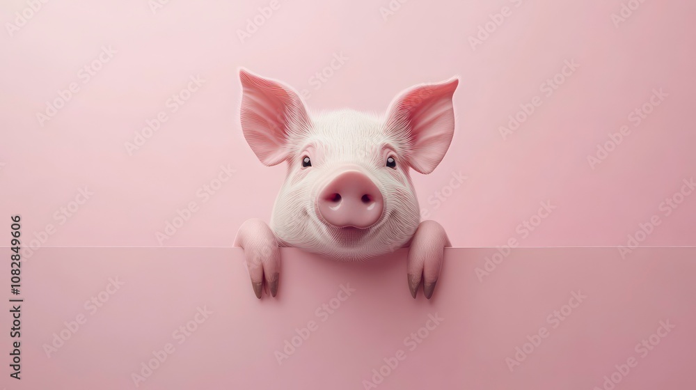 Funny pig hanging on a pink blank banner, cartoon cute pig peeking over blank pink banner on pink backgrounds, mock up, copy space. Funny pig hanging on a pink blank banner, cartoon cute pig peeking over blank pink banner on pink backgrounds, mock up, copy space.