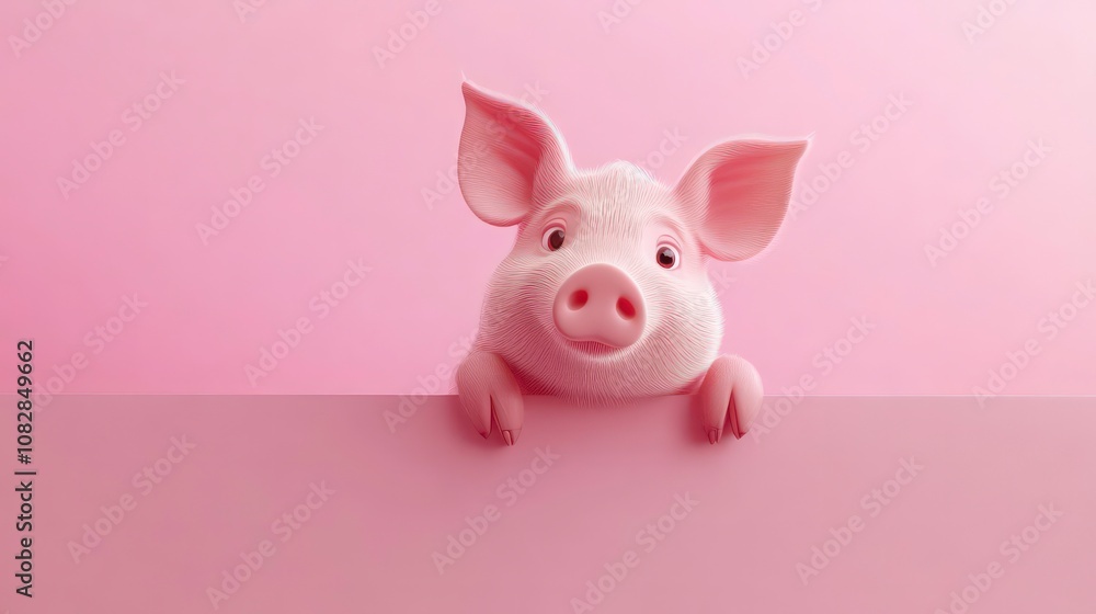 Funny pig hanging on a pink blank banner, cartoon cute pig peeking over blank pink banner on pink backgrounds, mock up, copy space. Funny pig hanging on a pink blank banner, cartoon cute pig peeking over blank pink banner on pink backgrounds, mock up, copy space.