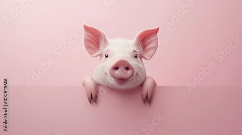 Funny pig hanging on a pink blank banner, cartoon cute pig peeking over blank pink banner on pink backgrounds, mock up, copy space.