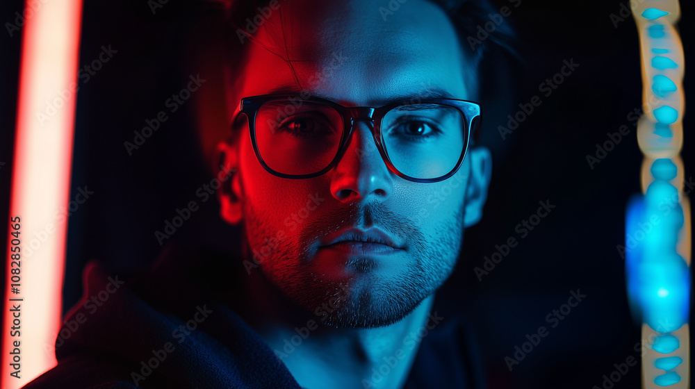 Portrait of a Man with Glasses in Neon Glow Portrait of a Man with Glasses in Neon Glow