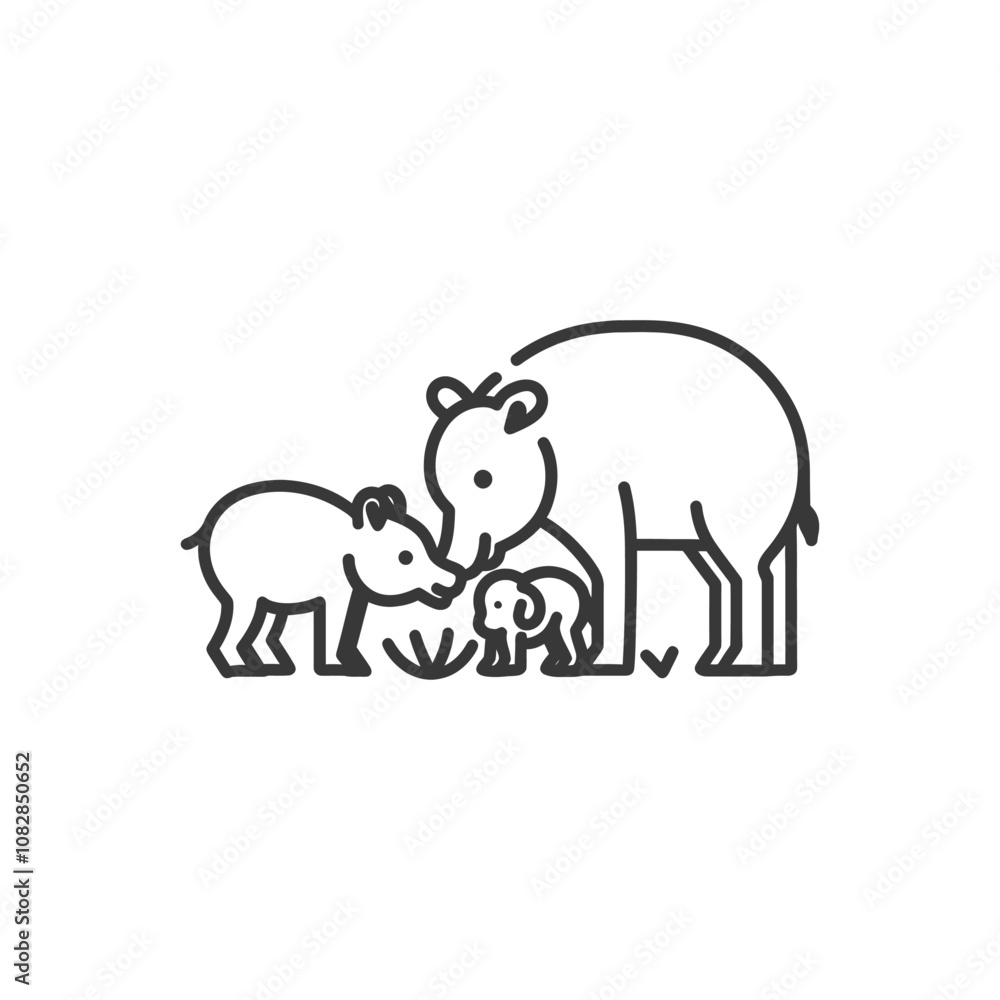 Fototapeta premium Line Drawing of a Family of Three Tapirs