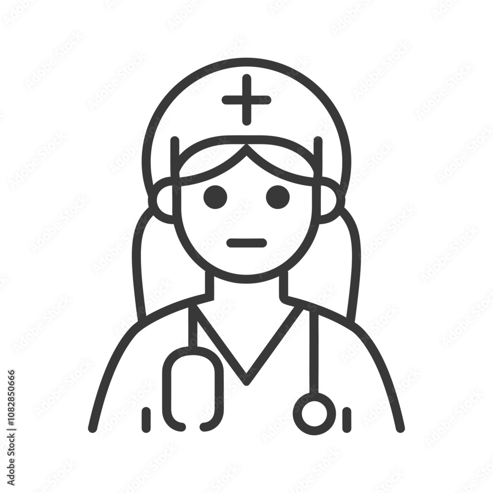 Line drawing of a female doctor wearing a stethoscope Line drawing of a female doctor wearing a stethoscope