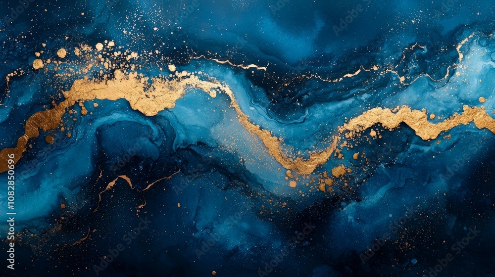 Abstract art featuring blue and gold waves, creating a serene and elegant visual effect. Abstract art featuring blue and gold waves, creating a serene and elegant visual effect.