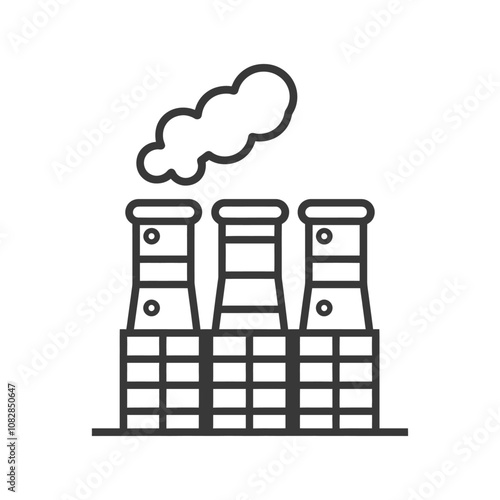 Line drawing of a factory with smoke emitting from chimneys