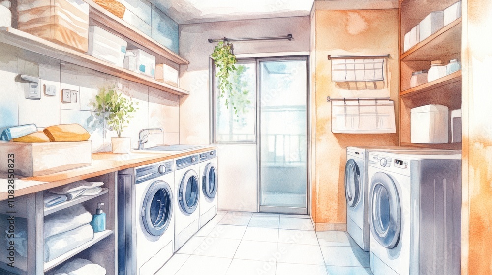 Serene Laundry Room Watercolor Painting: A Cozy and Organized Space Serene Laundry Room Watercolor Painting: A Cozy and Organized Space