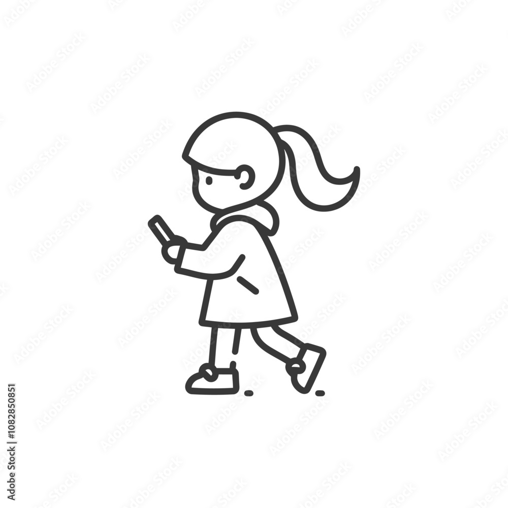 Line Drawing of a Girl Walking and Using a Phone Line Drawing of a Girl Walking and Using a Phone