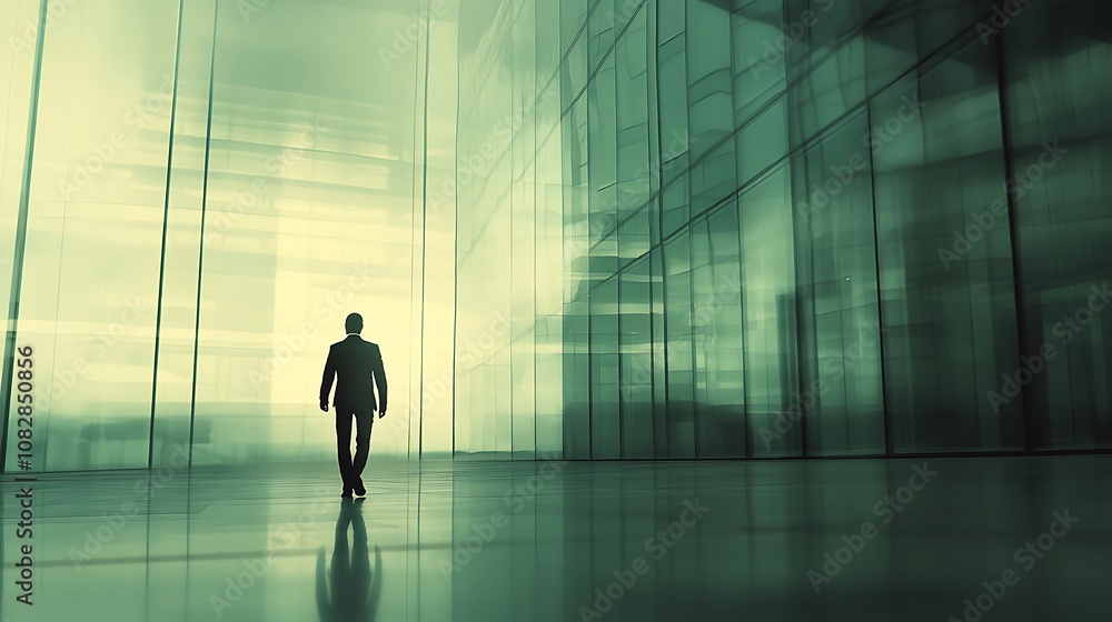 Fototapeta premium Professional businessman walking into a modern corporate building on a sunny day.