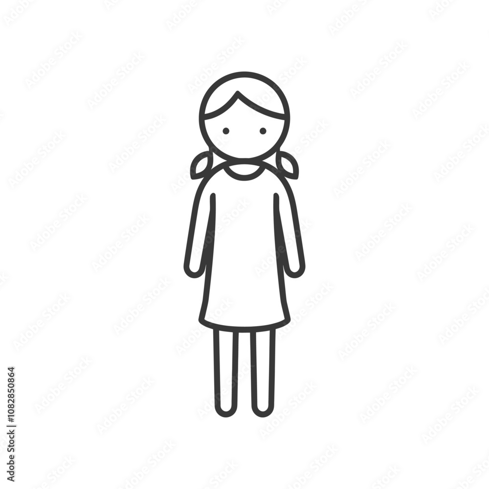 Line drawing of a girl with pigtails wearing a dress Line drawing of a girl with pigtails wearing a dress