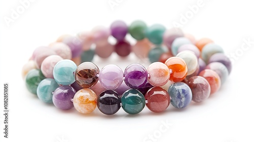 Vibrant Multicolor Bead Gemstone Bracelet Arranged Circularly Against White Background : Generative AI photo