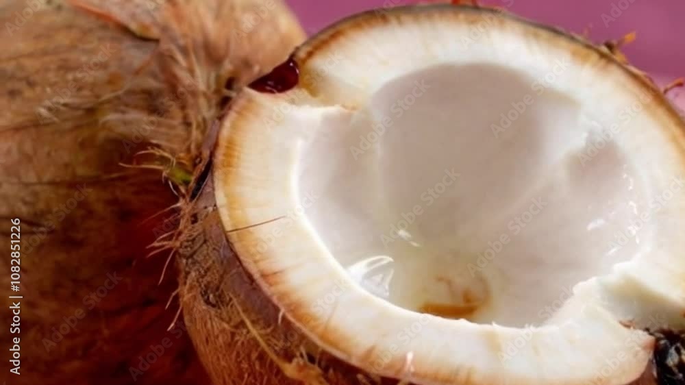 close-up of a fresh coconut falling open, with its brown shell cracking and revealing sweet, clear water inside close-up of a fresh coconut falling open, with its brown shell cracking and revealing sweet, clear water inside