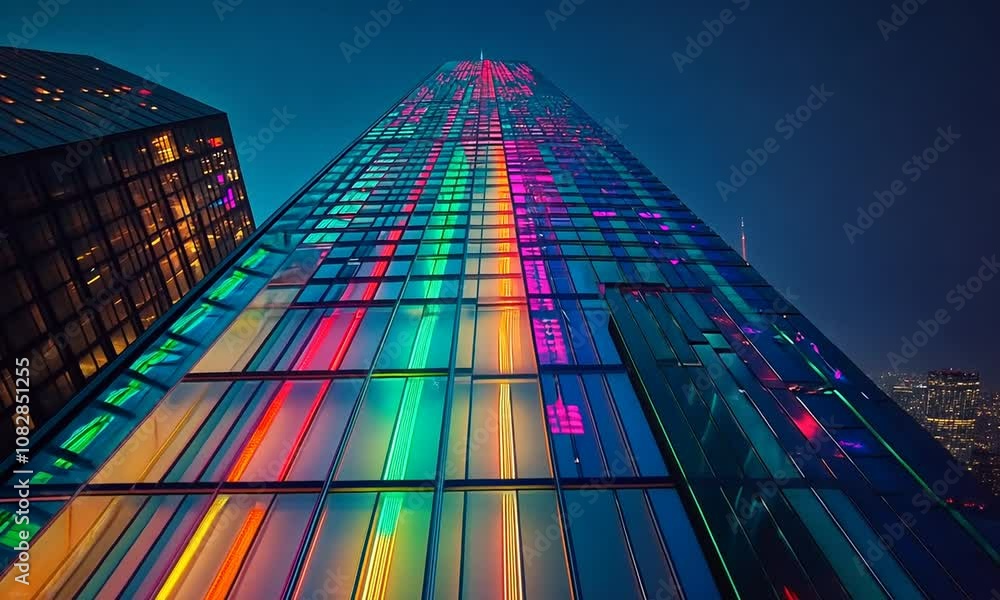 Vibrant Reflections of a Modern Skyscraper Illuminated by Night Lights Against a Deep Blue Sky in an Urban Cityscape Aesthetic Vibrant Reflections of a Modern Skyscraper Illuminated by Night Lights Against a Deep Blue Sky in an Urban Cityscape Aesthetic