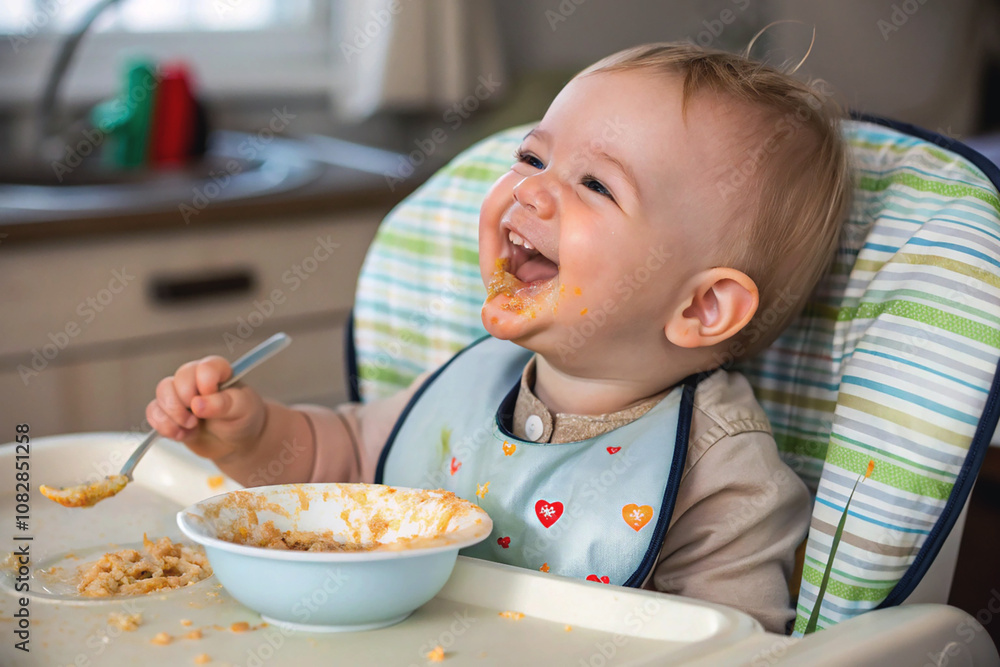 Cheerful baby boy being fed with porridge while sitting in high chair Cheerful baby boy being fed with porridge while sitting in high chair