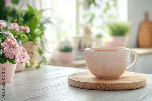 Wallpaper Mural healthy lifestyle choices, slimming tea on a wooden board in a chic kitchen with serene decor and space for text, creating a tranquil scene Torontodigital.ca