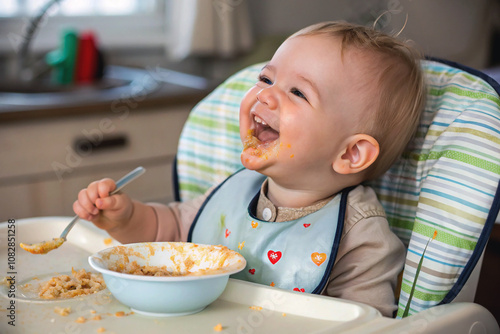 Cheerful baby boy being fed with porridge while sitting in high chair