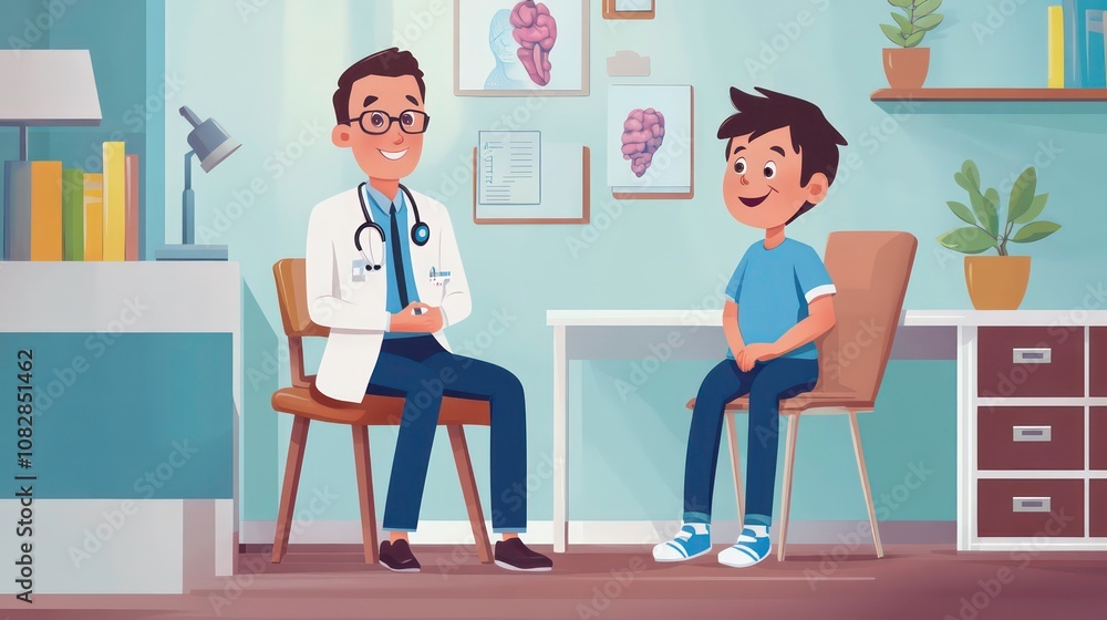 Friendly Pediatrician Caring for Cheerful Young Patient in Medical Office Friendly Pediatrician Caring for Cheerful Young Patient in Medical Office