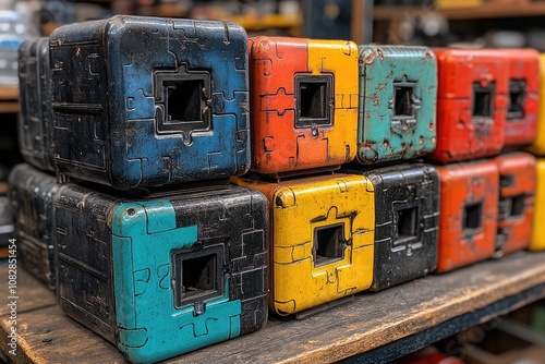 Stack of Colorful, Worn, Puzzle-Patterned Boxes