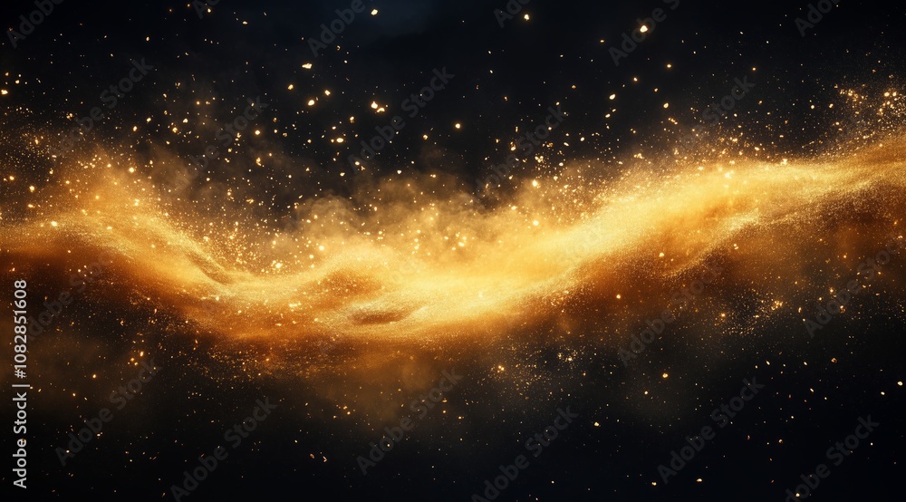 The background is black, with golden powder and gold dust flying in the air The background is black, with golden powder and gold dust flying in the air