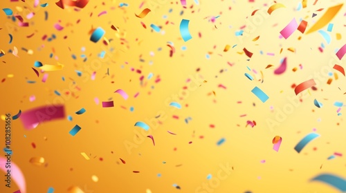 Colorful confetti falling on a yellow background