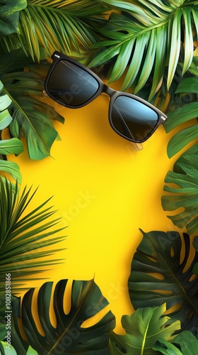  illustration of sunglasses and tropical leaves on a yellow background photo