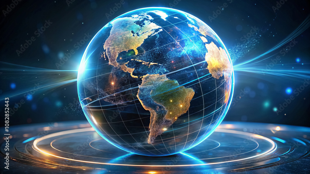 Glowing futuristic globe on platform with blue background Glowing futuristic globe on platform with blue background