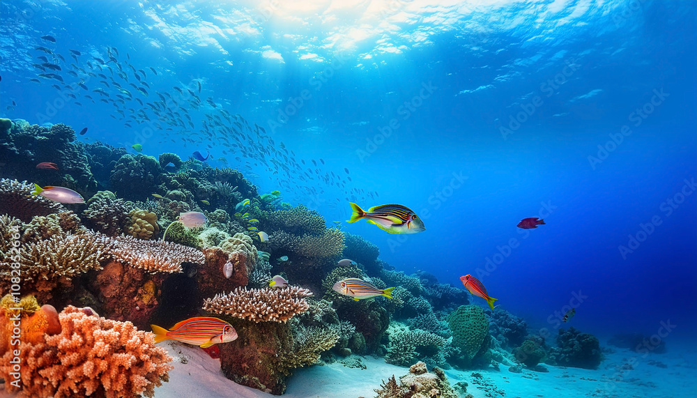 Fototapeta premium Vibrant Coral Reef Ecosystem with Sunlight Streaming Through Crystal Clear Water