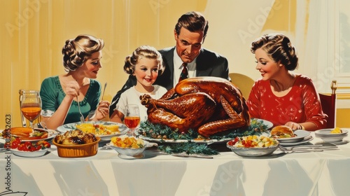 Vintage style family gathering together at thanksgiving dinner.