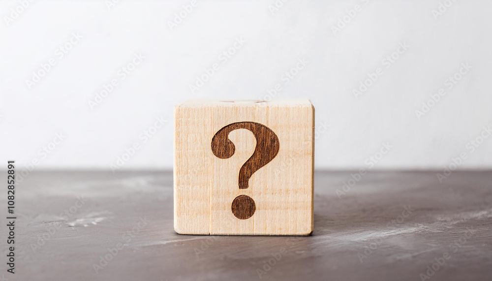 Wooden block with question mark. FAQ and QA. Problem solution. Wood cube. Light backdrop.