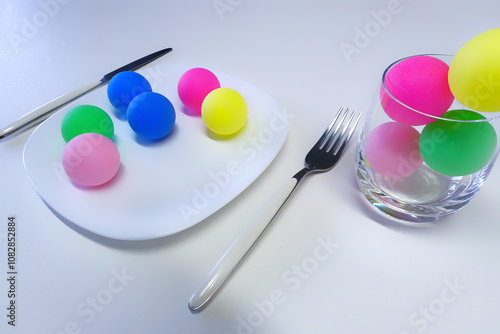 Plate and glass with colored plastic balls instead of food and water.
Concept of plastic problem in the environment, food and daily life. Ecological and human health problem.