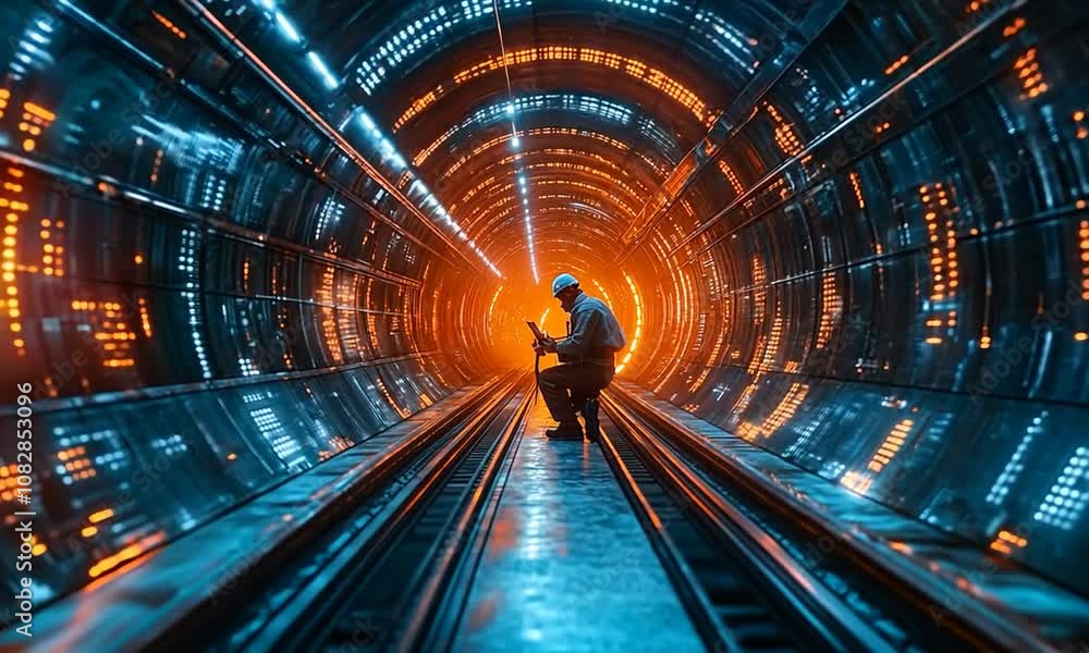 A futuristic tunnel with vibrant lights and a person exploring.