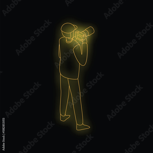 Neon style icon of a photographer walking and holding a camera in isometric view