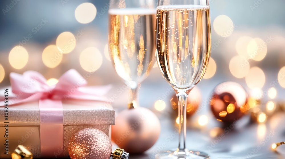 Two champagne flutes filled with bubbly champagne with a pink gift box, pink and gold baubles and fairy lights. Two champagne flutes filled with bubbly champagne with a pink gift box, pink and gold baubles and fairy lights.