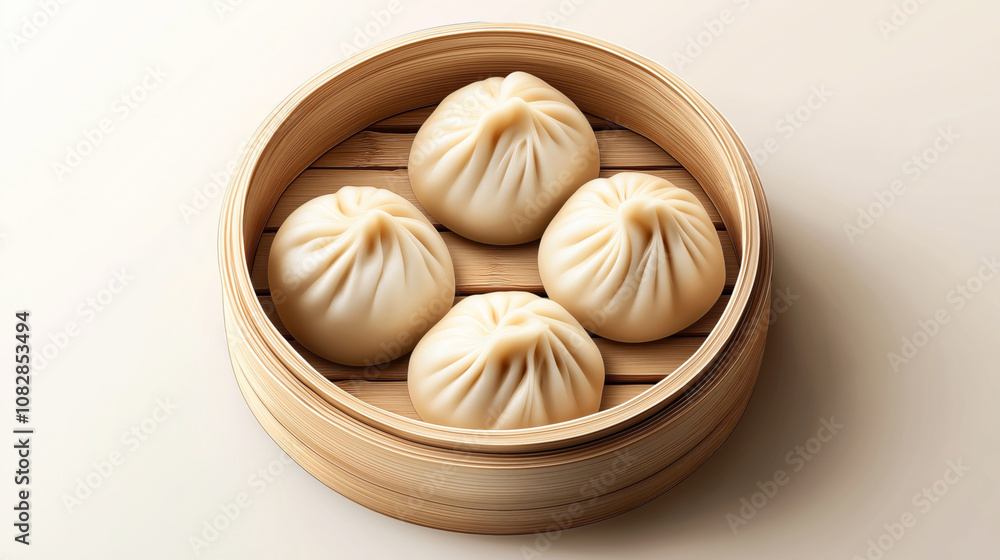 Close-up of four steamed dumplings in a round bamboo steamer basket, showcasing traditional Chinese cuisine. Close-up of four steamed dumplings in a round bamboo steamer basket, showcasing traditional Chinese cuisine.