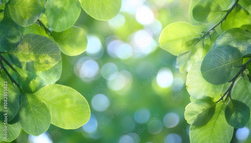 Naklejka premium Fresh Green Leaves with Sunlight and Natural Bokeh Background