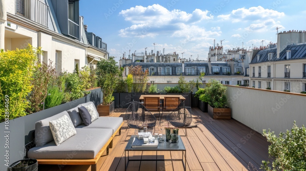 Obraz premium Parisian Rooftop Terrace: A Tranquil Urban Oasis