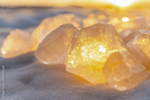 Raw diamonds in their natural state, with rough, uncut surfaces glistening in the light