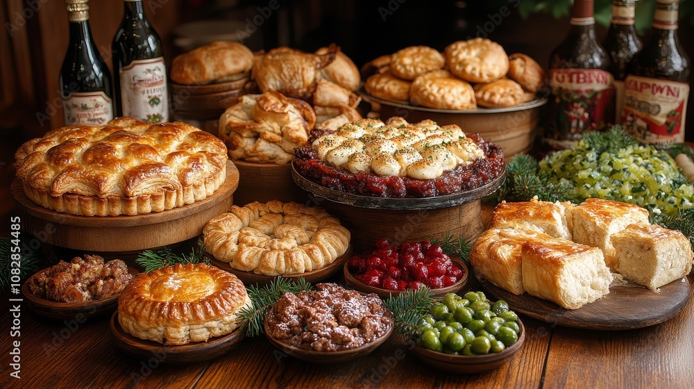 Festive spread of delicious homemade food and desserts on a wooden table Festive spread of delicious homemade food and desserts on a wooden table