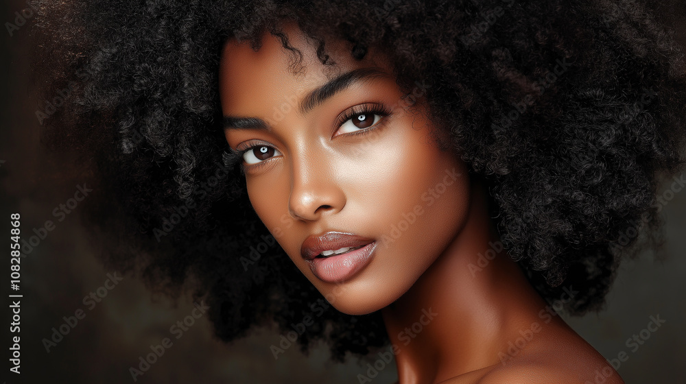 A model with beautiful afro hair posing for a camera in a skincare commercial on a dark background A model with beautiful afro hair posing for a camera in a skincare commercial on a dark background
