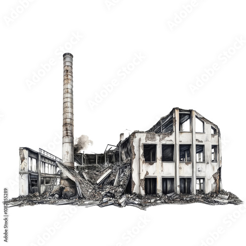 dilapidated industrial building with tall smokestack, showcasing extensive damage and debris, evoking sense of abandonment and decay.  ,Isolated on Transparency background , PNG