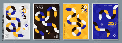 Set of abstract 2025 Year of the Snake posters, placards. Modern greeting cards with geometric snake in red, orange, yellow, and navy on a beige background with diamond accents and circular motifs