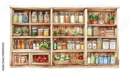 Rustic Kitchen Pantry: A Watercolor Illustration of a Well-Stocked Wooden Shelf Filled with Jars, Bottles, and Fresh Produce.