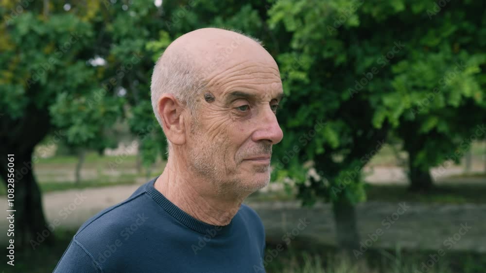 Bald Senior Man Makes Neutral Expression In The Park Near The Trees Bald Senior Man Makes Neutral Expression In The Park Near The Trees