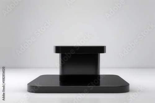 Sleek black podium with high-gloss surface and clear reflections, soft diffused lighting, minimalist and sophisticated, seamless white background