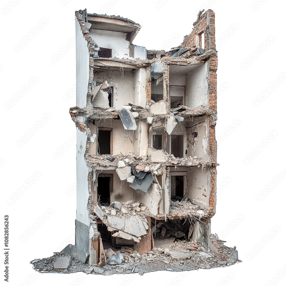 partially demolished building showcasing exposed walls and debris, highlighting urban decay and destruction. ,Isolated on Transparency background , PNG partially demolished building showcasing exposed walls and debris, highlighting urban decay and destruction. ,Isolated on Transparency background , PNG