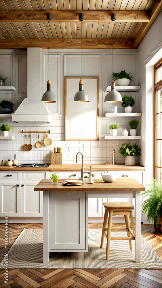 Fototapeta premium Mock up poster frame close-up in kitchen interior, American style, 3d render, white Mock up frame