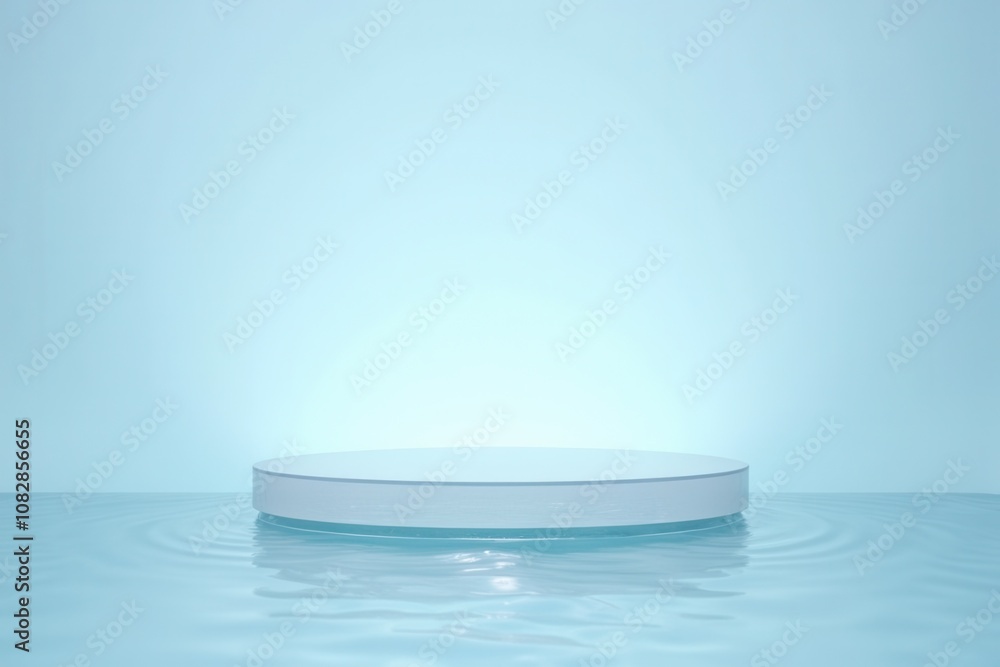 Clear glass podium with water ripple reflections on blue gradient Clear glass podium with water ripple reflections on blue gradient