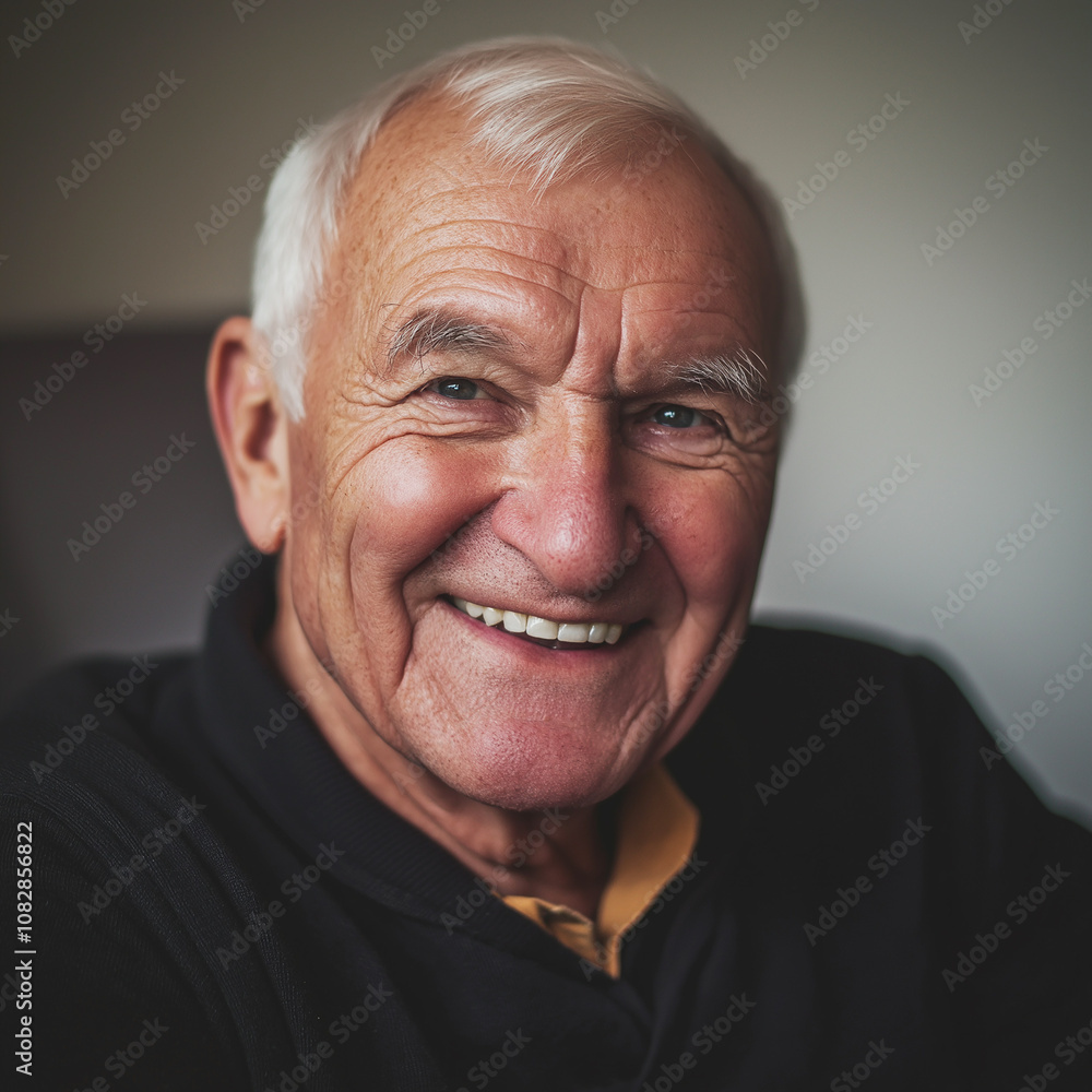 A close-up of a joyful elderly man with gray hair and a warm smile. He wears a black shirt, creating a comforting and friendly atmosphere. A close-up of a joyful elderly man with gray hair and a warm smile. He wears a black shirt, creating a comforting and friendly atmosphere.