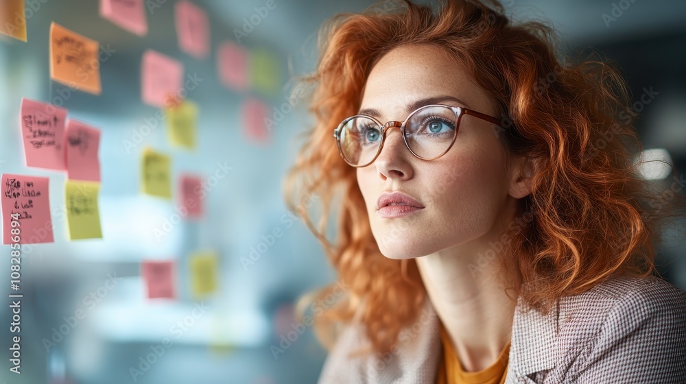 A focused woman with curly red hair and glasses carefully examines sticky notes on a transparent board, reflecting concentration and problem-solving skills in a modern setting. A focused woman with curly red hair and glasses carefully examines sticky notes on a transparent board, reflecting concentration and problem-solving skills in a modern setting.