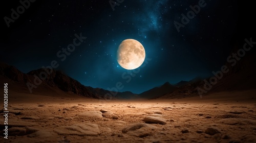 A stunning full moon casts light over a desolate mountain landscape, creating an aura of mystery and wonder that captivates the eye and imagination. photo